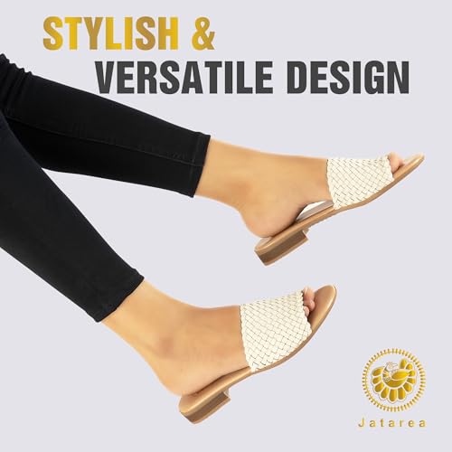 Image of JATAREA Women's Slip-On Flat Sandals with Round Open Toe | Dressy Summer Slides for Women