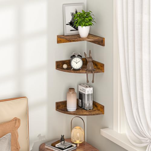 Image of Fun Memories Corner Shelf Wall Mount, Wood Floating Corner Shelves, Corner Wall Shelf for Bedroom, Bathroom, Kitchen, Living Room (Brown, 3 Pack)