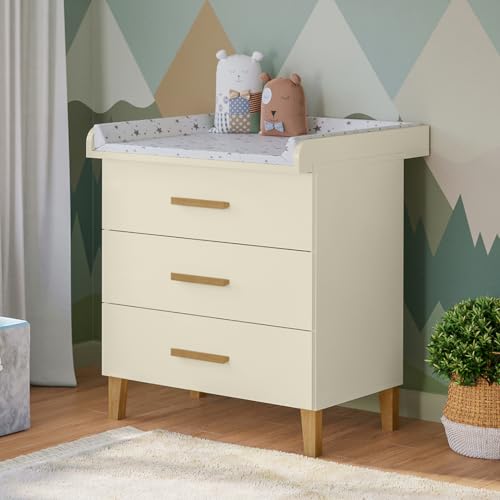 Bellabino Liri Wickelkommode – Wickeltisch mit abnehmbaren Wickelaufsatz und 3 Schubladen – Babykommode mit großer Wickelfläche in Beige/Natur – Wickelschrank für Babys