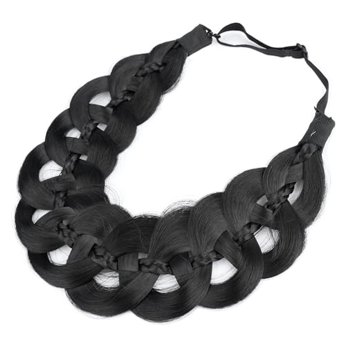 DIGUAN Hollow out wide braid with thin braid Synthetic Hair Braided Headband Hairpiece for Women (Natural Black, Wide)