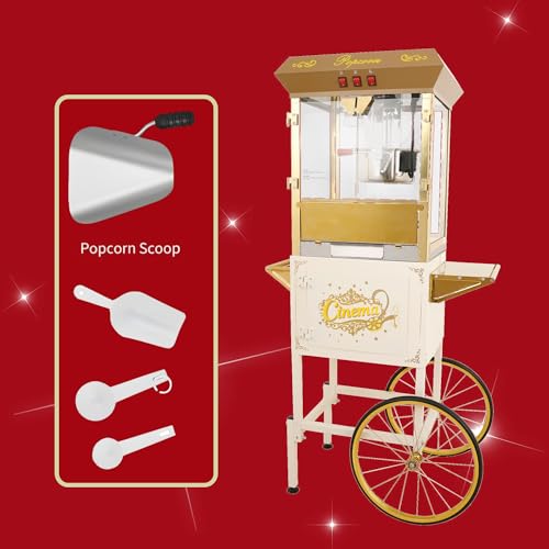 Image of Large Popcorn Machine with Cart: 16 Oz Vintage Commercial Popcorn Maker Movie Theater Style Makes Up to 64 Cups for Home Party Office, White