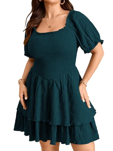 SCOMCHIC Womens Plus Size Summer Dresses Casual Short Sleeve Square Neck Smocked Ruffle Tiered Swing Cute Mini Sun Dress Teal