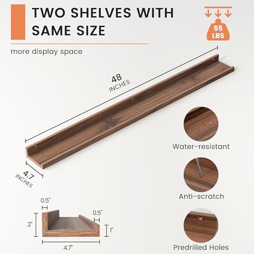 Picture Ledge Shelf, Floating Shelves for Wall, 48" W Set of 2, Walnut - Image 3