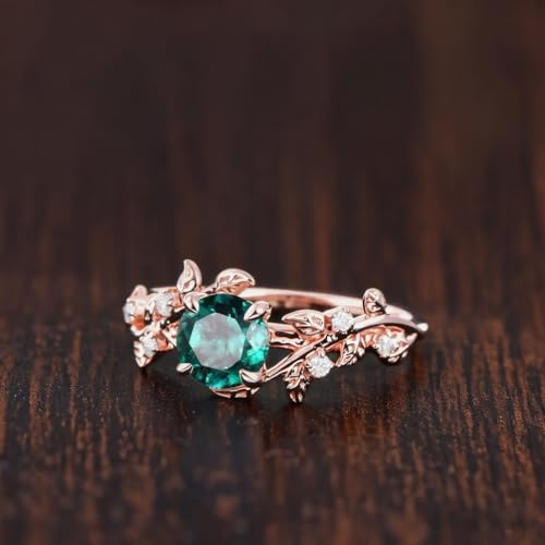 10k 14k 18k Gold Emerald Diamond Engagement Rings for Women May Birthstone Ring Vintage ring Unique Nature Inspired Leaf Ring Green stone Gifts4