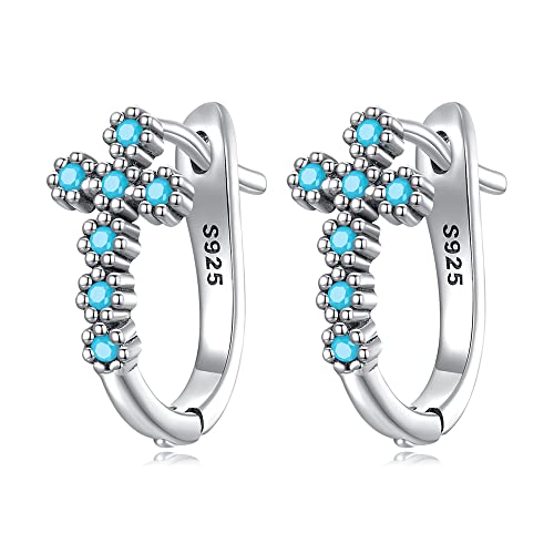 Turquoise Cross 925 Sterling Silver Tiny Small Hoop Earrings for Women Teen Girls Cartilage Hypoallergenic Small Huggie Hinged Hoops Sleeper Piercing Ear Cuffs Religious Faith Protection Earring