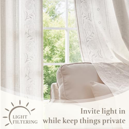 Image of jinchan White Floral Linen Curtains for Living Room 63 inch Back Tab 2 Panels