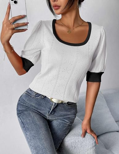 Image of HOTOUCH Sweater for Women 2024 Fall Trendy Puff Tops Casual Eyelet Knit Square Neck Tunic Shirt Blouses White Black Colorblock M
