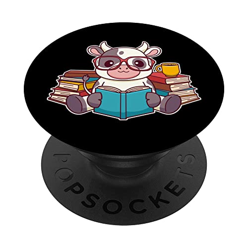 Cute Kawaii Cow Reading A Book - Bookworm PopSockets Swappable PopGrip, Black