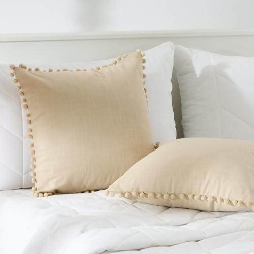 Image of 100% Cotton Pom Pom Cushion with Filler, Elegant & Modern Cushion Cover for Living Room, Square Shape, 16 inchx16 inch, uni slub, Set of 2 - Beige