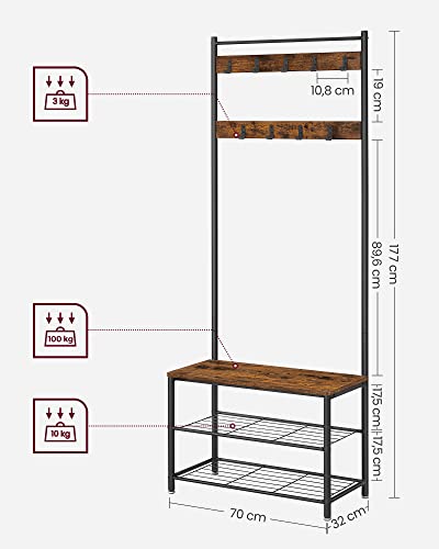 VASAGLE Coat Rack, Hallway Cabinet, Cloakroom, Clothes Rack, with Bench and Shoe Shelves, Hooks, Metal Frame, Height 175 cm, Industrial Style, Rustic Brown and Black HSR41BX - Image 6