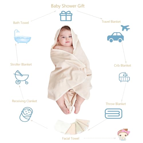 Image of 6 Pack Organic Cotton Baby Bath Set, Ultra Soft Embroidered Hooded Towel and 5 Washcloths, Premium Gentle Newborn, Toddlers Gift for Sensitive Skin, Brown 30 x 30 Inch