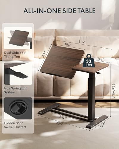 Image of FLEXISPOT Adjustable Height C-Shaped End Table with Split Tilting Top - Mobile Side Table for Sofa & Bedside, Slides Under Furniture, Hidden Wheels for Small Spaces(31.6 inch W x 15.7 inch D,Dark Walnut)