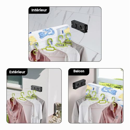 YATOSEEN Étendoir à Linge rétractable, Double Fil, ne s'affaisse Pas, Extensible, pour intérieur et extérieur, Fixation Murale en Acier Inoxydable, Gain de Place (Noir Double) – vue 6