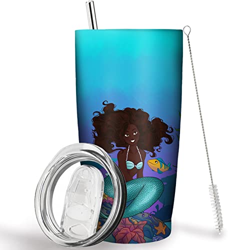 Becher mit Meerjungfrauen-Druck, mit Deckel und Strohhalm, 590 ml, Reisebecher, Meerjungfrau-Druck, Edelstahl, vakuumisoliert, Kaffeetasse, Geschenk für Frauen und Männer Cover