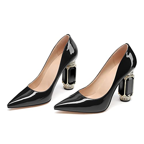 Image of JANSEVEN Women Chunky Heels Pumps Crystal Block Heels with Rhinestones Pointed Toe Sexy Gradient Patent Leather Slip on Bridal Party Wedding Dress Shoes 5-13 M US