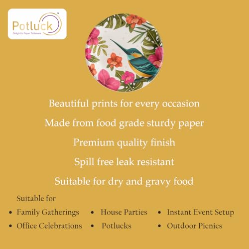 Image of Potluck Floral Humming Disposable Paper Plates, 9 Inch Food Grade Tableware for Parties, Events, Snacks & Meal Serving Pack