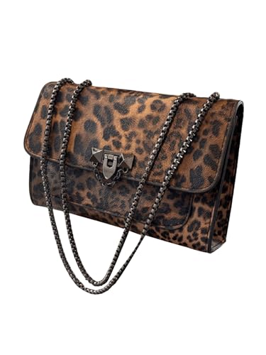 Women's Leopard Print Chain Shoulder Bag Metal Buckle Handbags Leather Clutch Purse
