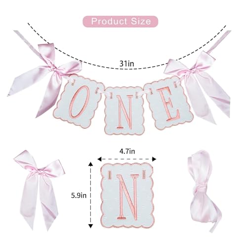 Image of Pink and White Bow ONE High Chair Banner for Girl First Birthday High Chair Banner Sweet One Pink Bow 1st Birthday Decorations