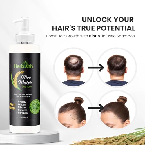 Herbishh Rice Water Hair Growth Shampoo - 400ml with Power of Castor Oil, Argan & Coconut Oil & Biotin | All Hair Type | Hair regrowth for Thinning Hair, Moisturizing & Volumizing | Silicone Free