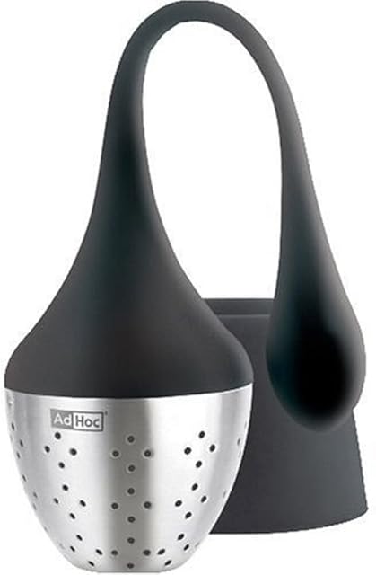 AdHoc TE52 HANGTEA Tea Infuser | Stainless Steel/Silicone | Loose Leaf Tea Filter, With Drip-Collector Stand, Easy Refill | (H) 115 mm x (D) 40 mm | Black