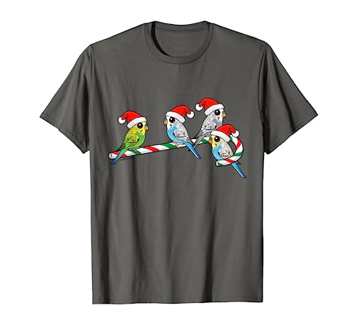 Santa Claus Budgies on Christmas Candy Cane Festive Holiday T-Shirt
