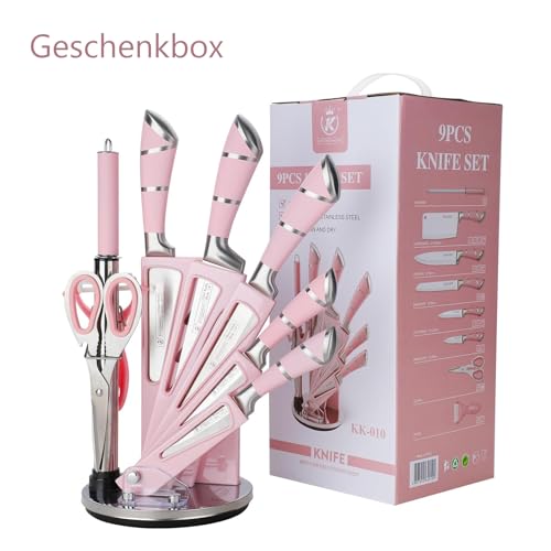 Justup 9-tlg Messerset mit Drehbare Acryl Messerblock, Rosa Sharp Antihaft Beschichtete Kochmesser Block Set,Edelstahl Messer Set für Küche mit Schärfer zum Schneiden Schneiden Würfeln Hacken (Rosa)