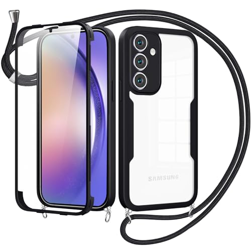 Cover per Samsung Galaxy A54 5G con Cordino360 Gradi Antiurto Trasparente Custodiacon con Protezione Schermo Integrata Bumper Rugged Custodia con Regolabile Tracolla Corda per A54 5G-Nero