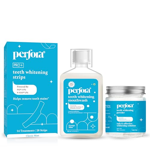 Image of Perfora Teeth Whitening Combo | Teeth Whitening Powder 50gm, Teeth Whitening Mouthwash 200ml & Strips - 14 Treatment | Enamel-Safe & Sensitivity-Free Oral Care Formula For Tooth Stain Removal | Pack Of 3