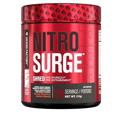 NITROSURGE Shred Thermogenic Pre Workout Supplement - Energy Booster, Instant Strength Gains, Sharp Focus, Powerful Pumps - Nitric Oxide Booster & PreWorkout Powder - 30Sv, Orange Pineapple