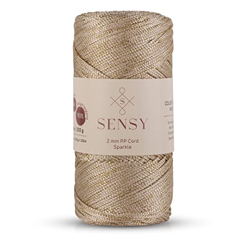 Sensy Premium 2mm 251 Yards Sparkle Polyester Rope 90% Polypropylene 10% Polyester Cord Macrame Cord 2mm Crochet Bag Cord Macrame Rope Crochet Thread Gift for Knitter (Ecru Sparkle)