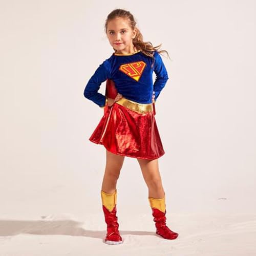 Supergirl Classic Fancy Dress Kid's Classic Superman Costume, Red & Blue Superhero Suit & Red Cape for Movie Hero Comic Cosplay & Halloween M (105-120cm) (Long sleeved style)