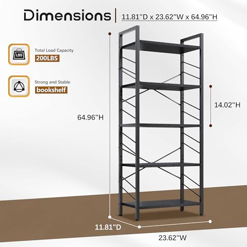 Image of DurayLoly 5-Tier Bookshelf, Black Metal Bookshelf for Home Office, Black | Robust Steel Frame, Stable X-bracing Design, Large Capacity