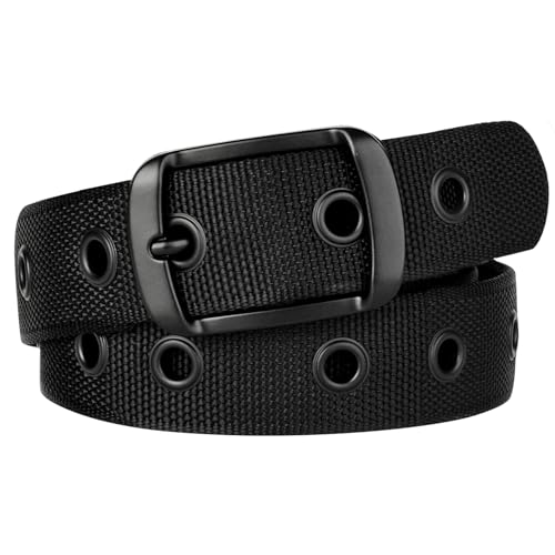 Plus Size Grommet Belt Single Prong Nylon Web Belts Black for Big and Tall Men/Women Punk