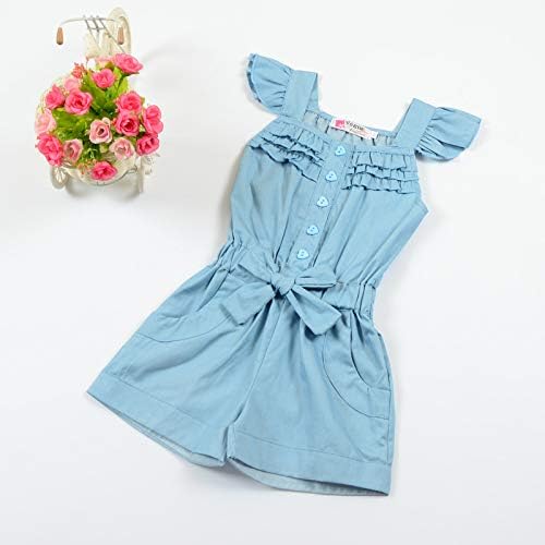 CFLONGE Girls Light Blue Denim Romper, Sleeveless Ruffle Strap Jumpsuit with Elastic Waist, Summer Cotton Playsuit