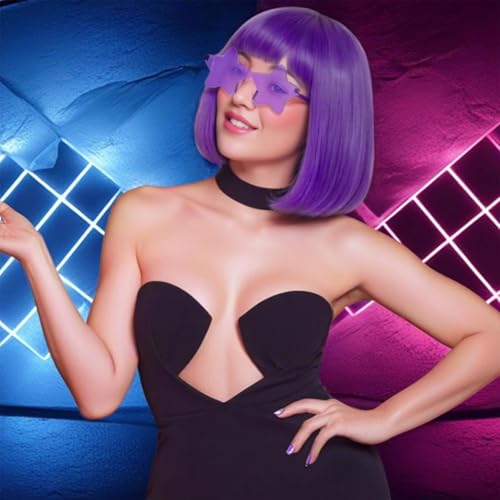 Image of ANOGOL Purple Bob Wig with Bangs Purple Wigs Women Lavendar Colored Wigs | Hair Cap+Sunglasses Short Neon Wig for Bachelorette Party Funny Outfit for Women Halloween Costume Night Club Crazy Hair Day