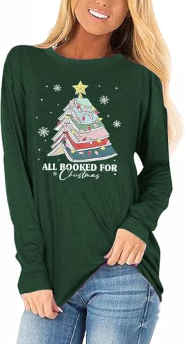 Womens Long Sleeve Christmas Tree Graphic Tees Casual Merry and Bright Snowflake Santa Claus T-Shirts Tops(26-79-G7,L)