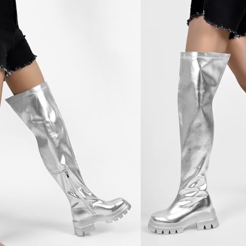 VERISSON Round Toe Low Block Heeled Thigh Boots Zip up Chunky Heels Tread Sole Fashion Booties4