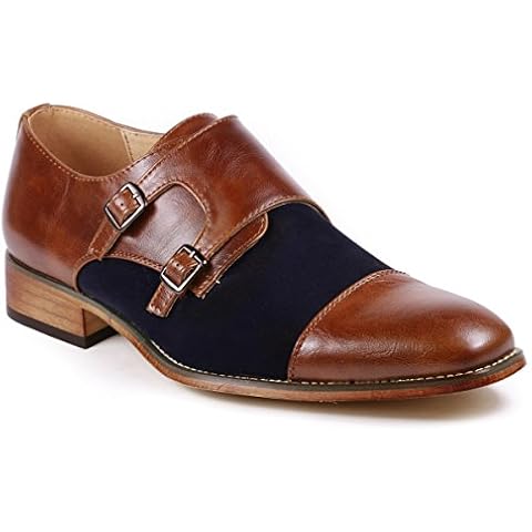 Metrocharm MC136 Men's Double Monk Strap Oxford Classic Dress Shoes (6.5 D(M) US, Brown/Navy) Cover