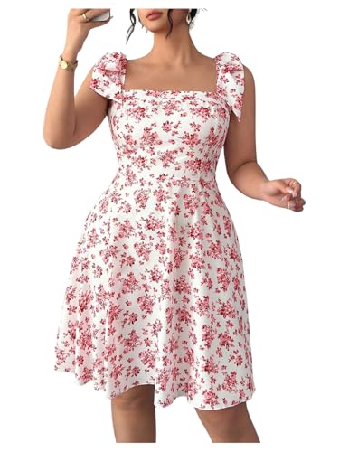 Image of Floerns Women's Plus Size Summer Knot Tie Shoulder Ruffle Straps Flounce Flowy Smocked Sundress Shorts Dress