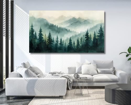 Image of KUNJCART Misty Mountain Painting For Wall Vastu - Large Nature Landscape Painting for Living Room, Bedroom & Office -Nature Wall Art for bedroom, Big Size Green Scenery for Wall Decoration and Home decor Vastu (26 X 18 INCH, Framed - SMALL)