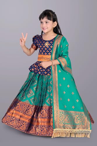 Image of Girls Pattu Pavadai Ready to Wear Lehenga, Blouse & Dupatta Set - Heavy Jacquard Fabric, Fully Stitched