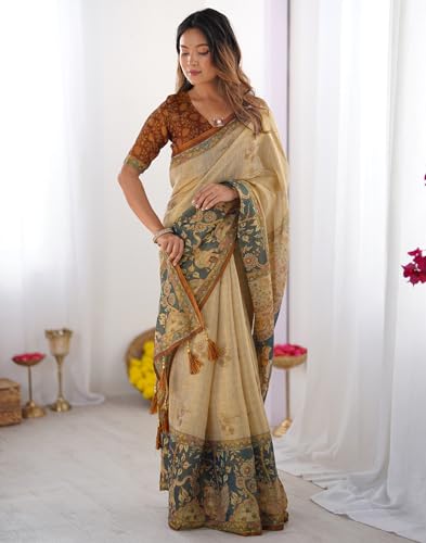 Image of SIRIL Women's Cotton Linen Kalamkari Printed Handloom Saree with Unstitched Blouse Piece