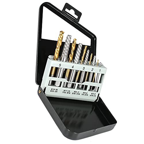 Left Hand Drill Bit Set Screw Extractor Set with Metal Case, 10pcs Screw Extractor Set with 5/64, 7/64, 5/32, 1/4, 19/64 Drill Bits for Removing Broken Bolts and Damaged Screws