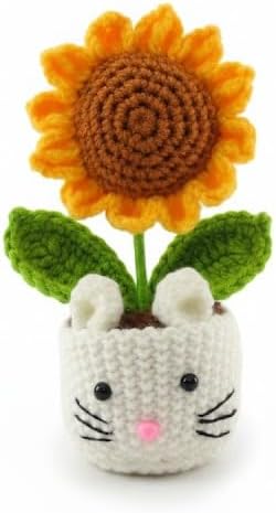 Crochet Flowers Artifical Sunflower for Office,Decor Motivational Gifts for Women Handmade Knitted Flowers Birthday Christmas Party Home Decoration (Crochet Sunflower Pot-Cat)