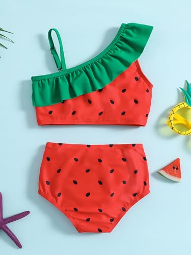 Image of Girl's Watermelon Print Two Piece Bikini Set One Shoulder High Waist Bathing Set Red 110