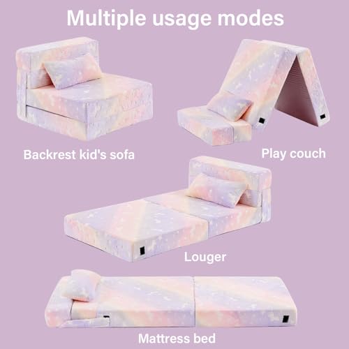 Givjoy Folding Sofa Bed Floor Mattress for Kids with Pillow, Toddler Washable Folding Floor Nap Mat Futon, Child Fold Up Sofa Folding Chair Bed with Storage Bag for Girls and Boys