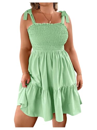 Image of Floerns Women's Plus Size Summer Knot Tie Shoulder Ruffle Straps Flounce Flowy Smocked Sundress Shorts Dress