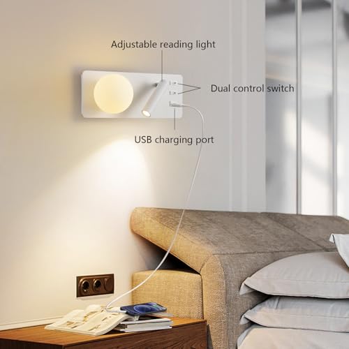 Aplique de pared LED para lectura nocturna en el dormitorio con carga USB 2
