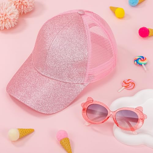 Girls Baseball Cap Kids Sunglasses, Glitter Sun Hat Breathable Mesh Ponytail Cap Trucker Cap Adjustable Summer Hat for Girls Outdoor Sports Pink4