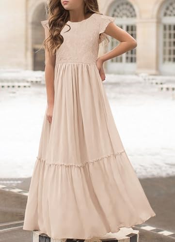 MITILLY Girls Lace Flower Ruffle Sleeve A-Line Swing Wedding Party Maxi Dress with Pockets2
